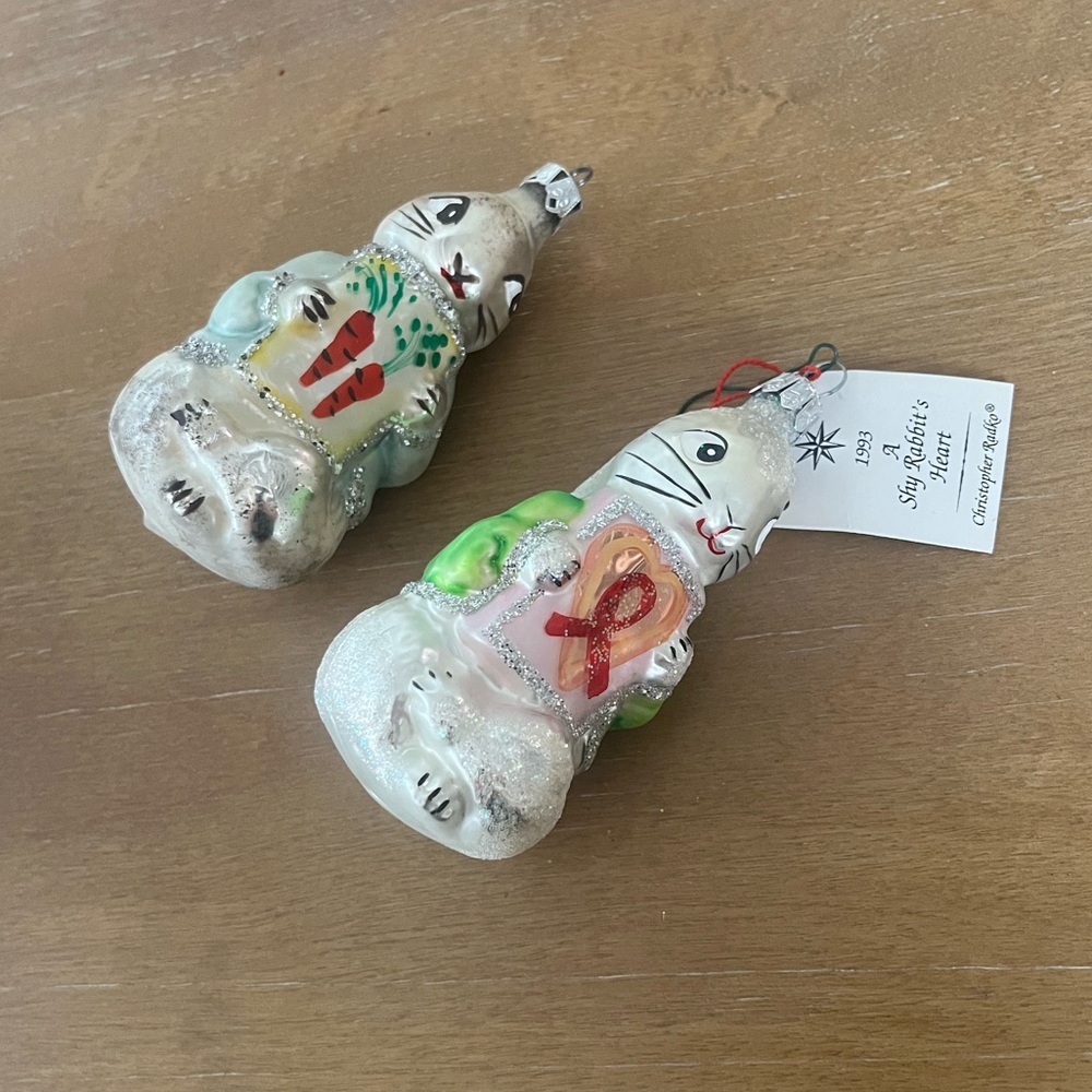 Two Christopher Radko vintage rabbit ornaments